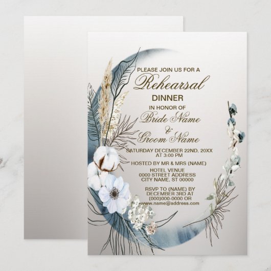 Repetitie Diner Boho White Flower Blue Moon Party Kaart (Voorkant / Achterkant)