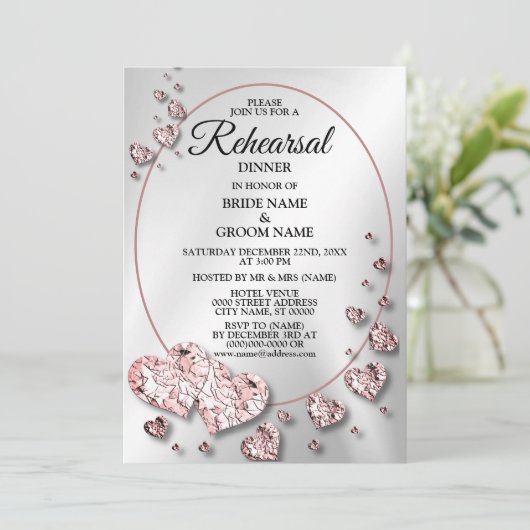 repetitie diner bruiloft feest roze perzik harten kaart (Staand voorkant)