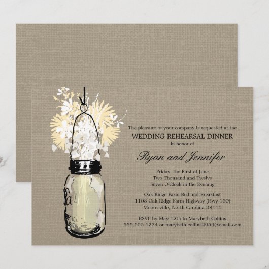 Repetitie Diner - Burlap, Wilde bloemen & Mason Ja Kaart (Voorkant / Achterkant)