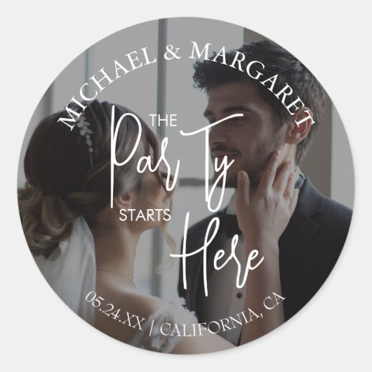 Repetitie diner foto hier begint het feest ronde sticker (Voorkant)