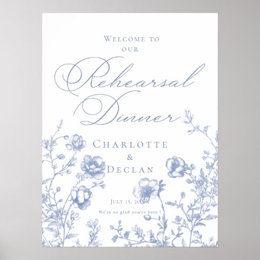 Repetitie Diner Frans toilet Blauwe Bloemen welkom Poster (Voorkant)