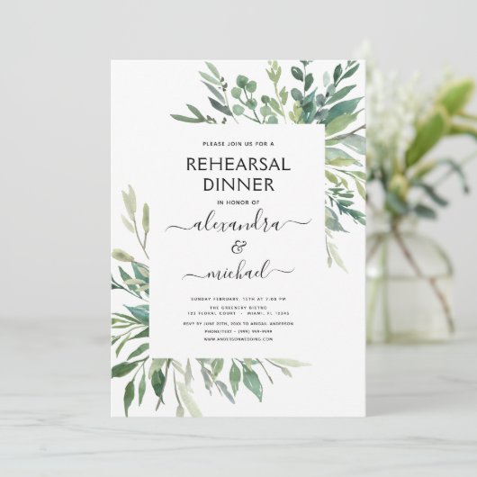 Repetitie diner gebladerte groen elegante uitnodig kaart (Staand voorkant)