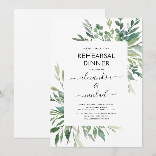 Repetitie diner gebladerte groen elegante uitnodig kaart (Voorkant / Achterkant)