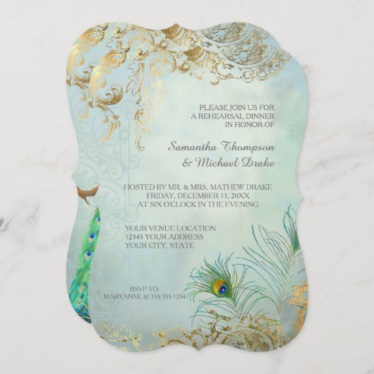 Repetitie Diner Goud Blad Peacock Veer Elegant Kaart (Voorkant / Achterkant)