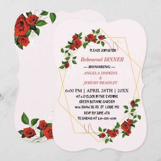 Repetitie Diner Goud Glitters Rode Bloemen Kaart (Voorkant / Achterkant)