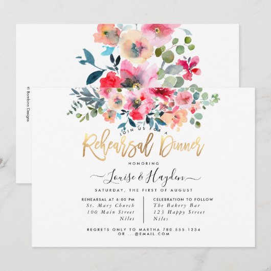 Repetitie Diner Red Ombre Waterverf Rozen Aankondiging (Voorkant / Achterkant)