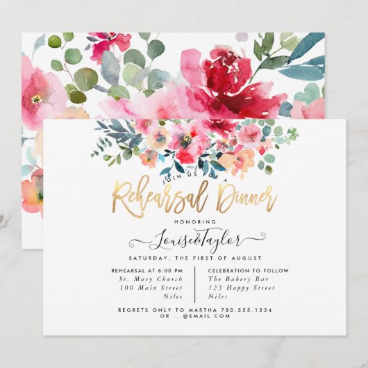 Repetitie Diner Red Ombre Waterverf Rozen Kaart (Voorkant / Achterkant)