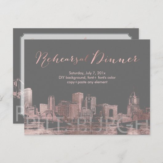 Repetitie Diner Roze Goud Pittsburgh Skyline Aankondigingskaart (Voorkant / Achterkant)
