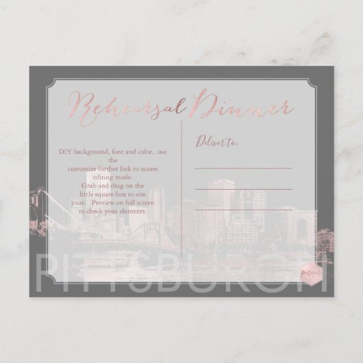 Repetitie Diner Roze Goud Pittsburgh Skyline Aankondigingskaart (Achterkant)