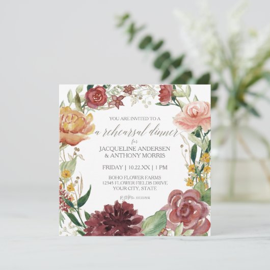 Repetitie Diner Rustieke Bloemen Bourgogne Blush R Kaart (Staand voorkant)