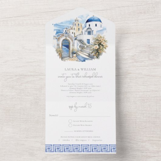 Repetitie Diner Santorini Griekenland met Rsvp All In One Uitnodiging (Binnen)