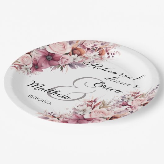Repetitie diner stoffig roze boho bloemige bruilof papieren bordje (Gekanteld)