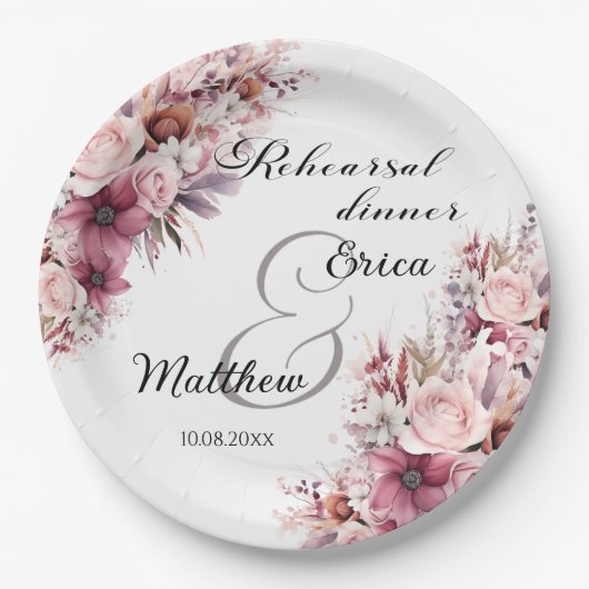 Repetitie diner stoffig roze boho bloemige bruilof papieren bordje (Voorkant)