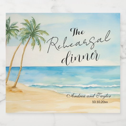 Repetitie Diner Strand en Palm Trees Wedding Sparkling Wijnetiket (Enkel label)