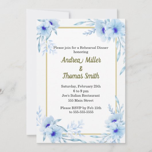 Repetitie Diner Uitnodiging Bloemen Blauw Goud (Voorkant)
