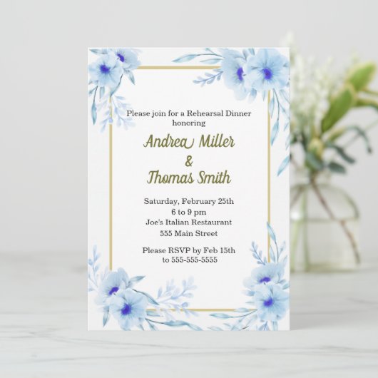 Repetitie Diner Uitnodiging Bloemen Blauw Goud (Staand voorkant)