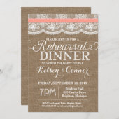 Repetitie Diner Uitnodiging, Burlap & Lace, Koraal Kaart (Voorkant / Achterkant)