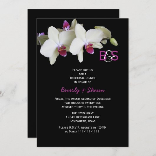 Repetitie diner uitnodiging, Orchideeën en Monogra Kaart (Voorkant / Achterkant)