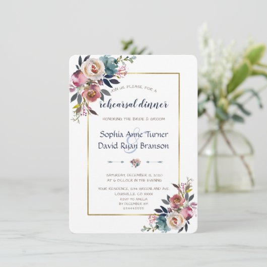repetitiediner | Gouden Dusty Blauw Roze Bloemen Kaart (Staand voorkant)