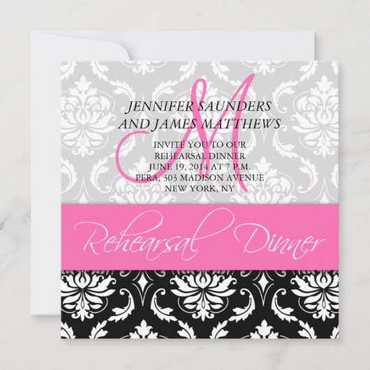 repetitief diner nodigt Damask Monogram warm roze  Kaart (Voorkant)
