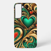 Repetitive Hearts Swirls Pattern Emerald Gold