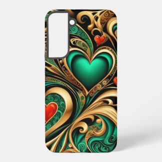 Repetitive Hearts Swirls Pattern Emerald Gold Samsung Galaxy Hoesje