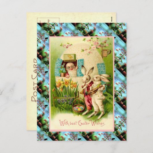 Replica  paaskaart, Konijnen met eitjes Feestdagenkaart (Voorkant / Achterkant)