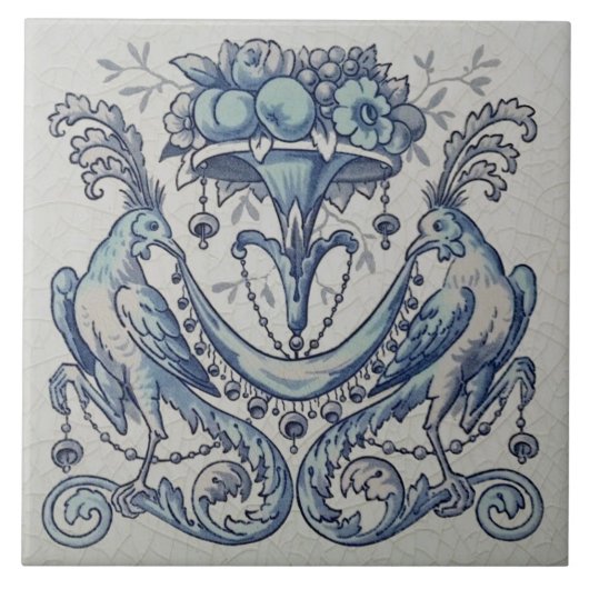 Repo Antiek Minton Hollins Birds Fruit Blue Tegeltje (Voorkant)