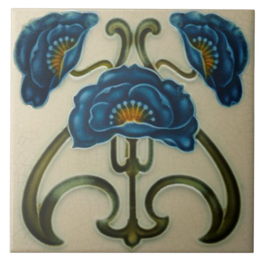 Repo Blue Poppies Art Noveau Ceramic Tile Tegeltje (Voorkant)