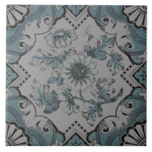 Repo Victoriaans Aqua Blue Floral Transferware Tegeltje