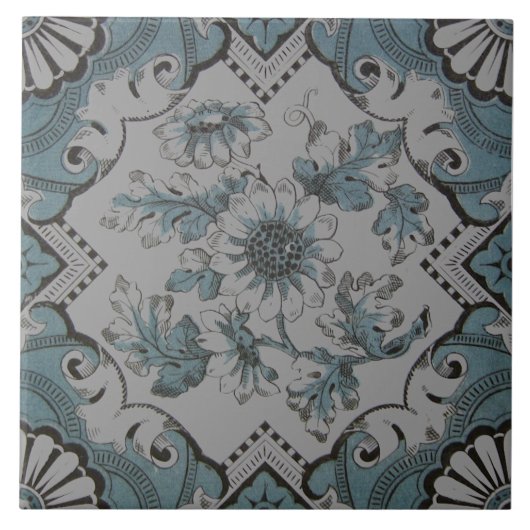 Repo Victoriaans Aqua Blue Floral Transferware Tegeltje (Voorkant)