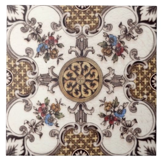 Repo Victoriaans Engels Quatrefoil Floral Transfer Tegeltje (Voorkant)