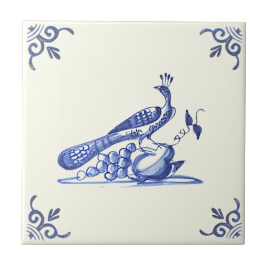 Repro 1700s Handbeschilderd Peacock Fruit Blue Whi Tegeltje (Voorkant)