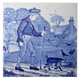 Repro 1879 Wedgwood Blue Calendar Series Oktober Tegeltje