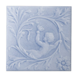 Repro 1880 Minton Faux Relief Cherub Light Blue Tegeltje