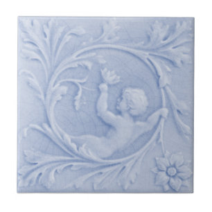Repro 1880 Minton Faux Relief Cherub Light Blue Tegeltje
