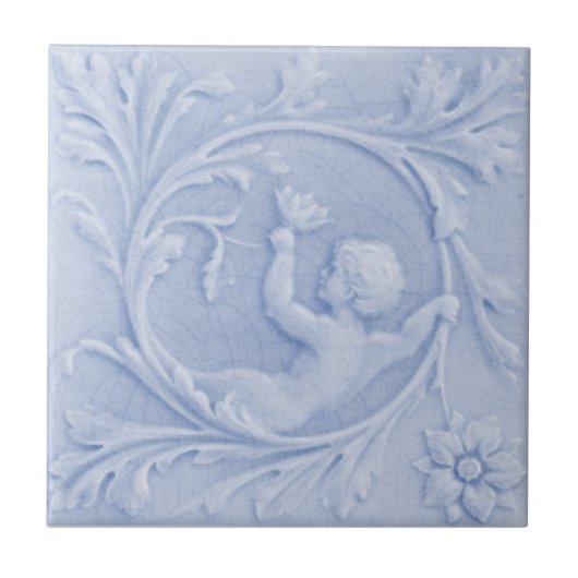 Repro 1880 Minton Faux Relief Cherub Light Blue Tegeltje (Voorkant)