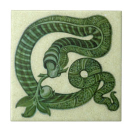 Repro 1880s De Morgan Green Snake met Apple Tegeltje