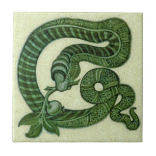 Repro 1880s De Morgan Green Snake met Apple Tegeltje