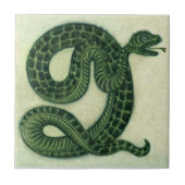 Repro 1880s De Morgan Handschilderde Green Snake Tegeltje (Voorkant)
