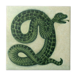 Repro 1880s De Morgan Handschilderde Green Snake Tegeltje