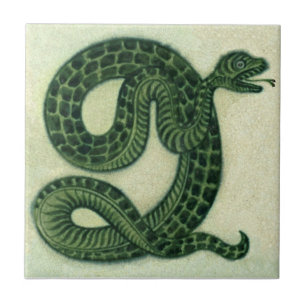Repro 1880s De Morgan Handschilderde Green Snake Tegeltje