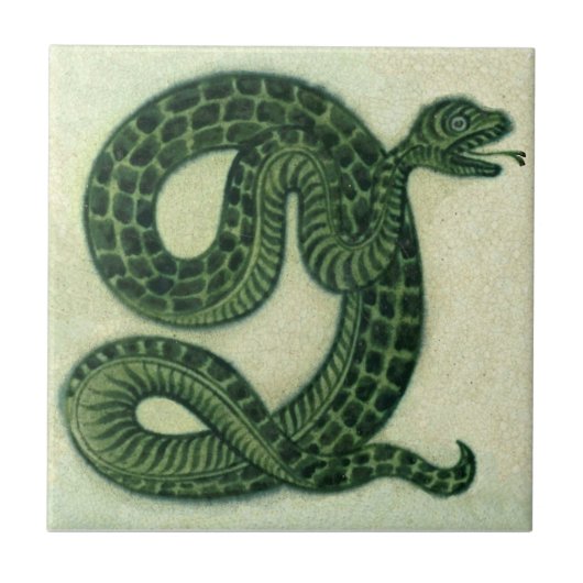 Repro 1880s De Morgan Handschilderde Green Snake Tegeltje (Voorkant)