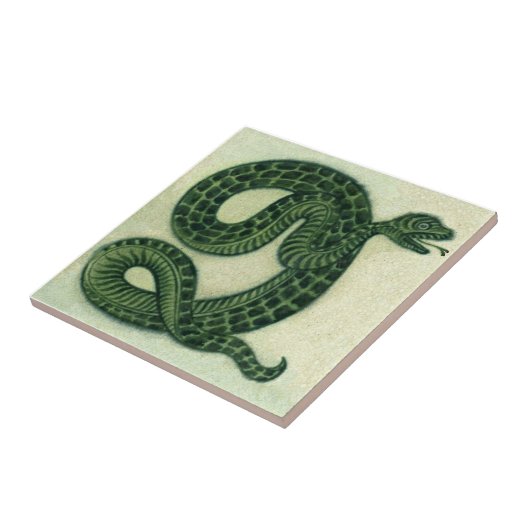 Repro 1880s De Morgan Handschilderde Green Snake Tegeltje (Zijkant)