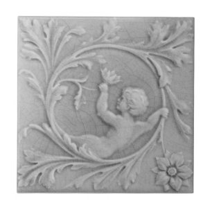 Repro 1880s Minton Faux Relief Putti Gray Marble Tegeltje