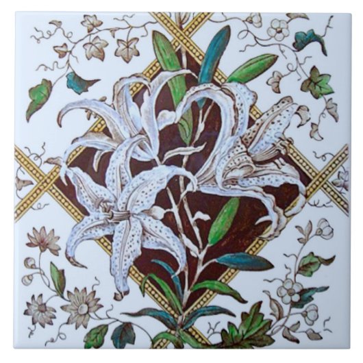 Repro 1880s Victoriaans Lilies Transferware Tile Tegeltje (Voorkant)