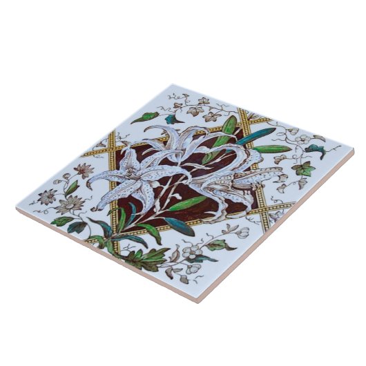 Repro 1880s Victoriaans Lilies Transferware Tile Tegeltje (Zijkant)