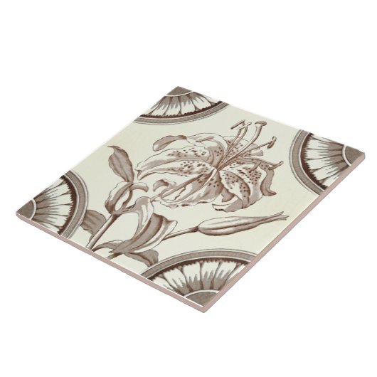 Repro 1885 Victoriaans Sepia Lily Transferware Tegeltje (Zijkant)
