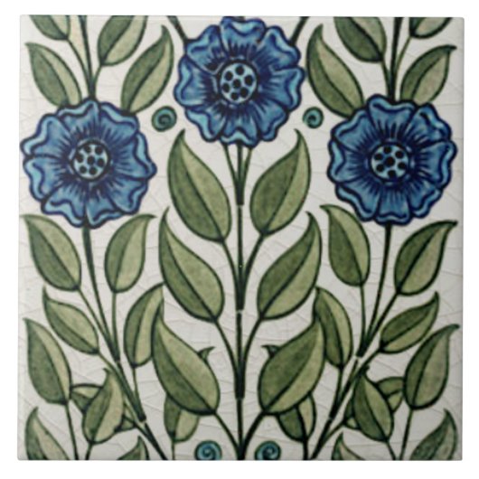 Repro Antiek De Morgan Blue Green Floral Tegeltje (Voorkant)