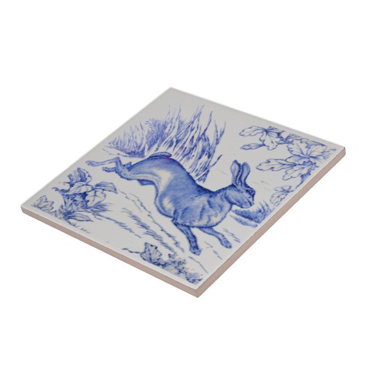 Repro Antiek Wedgwood 1876 Blue Hare Rabbit Tile Tegeltje (Zijkant)